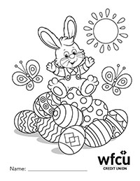 Colouring Sheet One Easter Bunny on top of egg pile